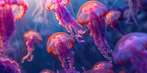 Wall Mural - Jellyfish entwined gliding through the ocean