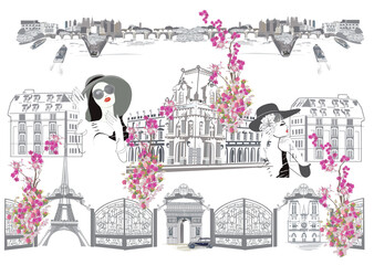 Sticker - Series of backgrounds with french architecture decorated with flowers, beautiful girls in Paris and street cafes. Hand drawn vector illustration.