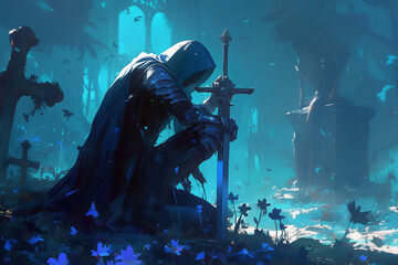 warrior kneeling in an ancient graveyard with a sword, surrounded by ethereal blue light and a haunting atmosphere