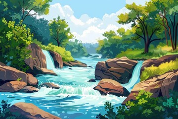 Poster - A serene landscape with a winding river surrounded by lush greenery, perfect for use in environmental or travel themes