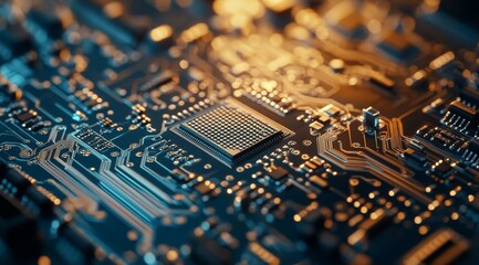 Poster - This image provides a detailed view of intricate circuitry on a microchip, which highlights the remarkable complexity and precision that characterize modern electronic technology advancements