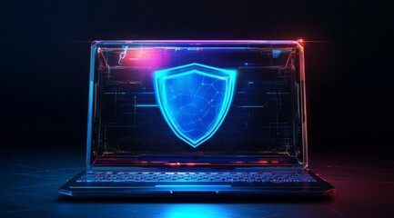 Poster - this modern laptop features a glowing blue shield, symbolizing stylish aesthetics and advanced cyber