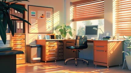 Sticker - A simple office setting with a desk, computer, and chair