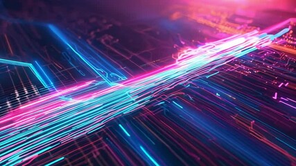 Poster - Vibrant neon lines intertwine in a digital landscape, creating a mesmerizing abstract representation of technology and connectivity.