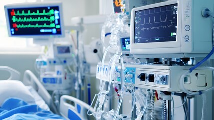 Wall Mural - Medical equipment in a hospital room with a patient bed in the background.