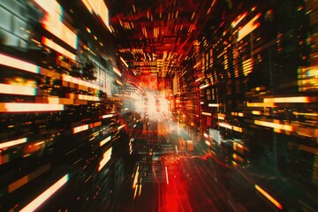 Poster - A blurred image of a city street at night with lights and buildings