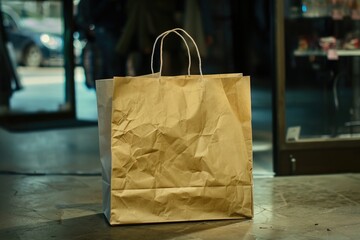 Aufkleber - A simple brown paper bag placed on a table, possibly containing notes or documents