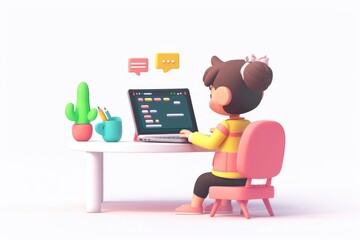 Poster - A person sitting at a desk with a laptop in a modern workspace setting, ideal for illustrations of remote work, digital communication or tech-related concepts