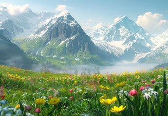 Poster - Mountain Landscape with Wildflowers