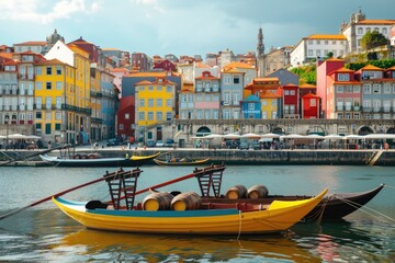 Poster - A bright yellow boat is docked near the city waterfront, surrounded by urban scenery
