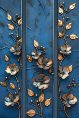 Poster - A set of three metal flowers on a blue background, ideal for designs and compositions where metallic accents are needed