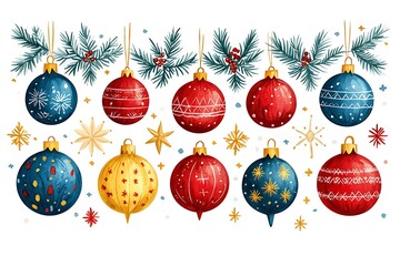 Wall Mural - Watercolor Christmas ornaments on white background, festive holiday illustration.