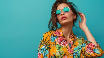 Canvas Print - A woman wearing a bright floral shirt and sunglasses, possibly on vacation or enjoying the outdoors