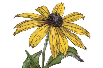 Canvas Print - A simple drawing of a yellow flower with green leaves, great for illustrations and designs