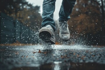 Sticker - A person walking in the rain on a rainy day, perfect for weather-themed images or scenes