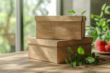 Poster - Boxes sit atop a wooden table