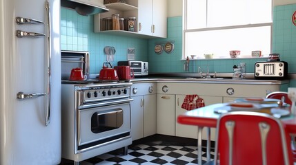 Retro kitchen from the 1950s complete with stove, refrigerator, chrome dinette set, percolator, toaster, bread box and radio