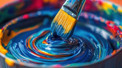 Canvas Print - A close up of a paint brush dipped in blue and red liquid, AI