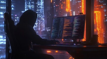 A devoted hacker sits at a desk, fully absorbed in programming and coding, surrounded by a lively, futuristic cityscape that highlights aspects of big data, hacking, and cuttingedge technology