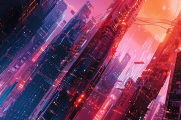 Poster - Skyscrapers and city lights at dusk, ideal for urban or architectural themes