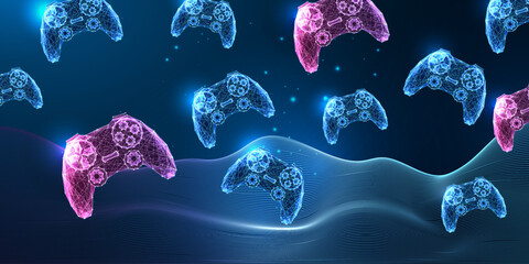 Canvas Print - Game controllers banner on dark blue background highlights modern gaming technology 