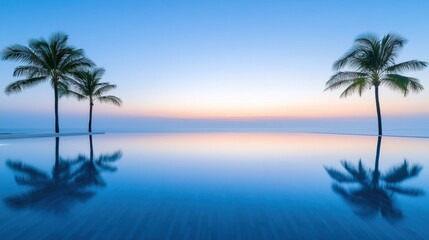 Poster - A pool with three palm trees in the background at sunset, AI