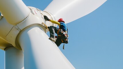 A worker climbs a wind turbine blade against a blue sky.