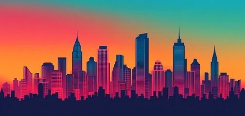 A stunning skyline silhouette at sunset, showcasing modern buildings against a vibrant gradient sky.