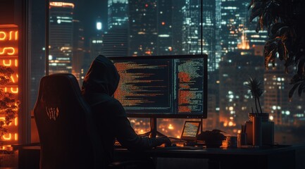 Poster - A focused hacker, wearing a hoodie, diligently works at a computer, surrounded by impressive lines of code and extensive big data analysis, with a lively city skyline illuminated at night behind them