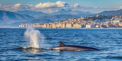 Fin whale migrating near Genoa coast in Ligurian sea, fin whale, Balaenoptera physalus, migration, Genoa, Ligurian sea, ocean