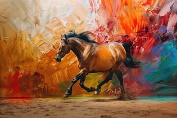 Aufkleber - A horse runs freely in front of a vibrant and colorful background, perfect for use in illustrations, designs, or as a standalone image