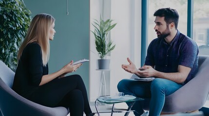 Poster - A woman listens intently as a man speaks passionately during a meeting.