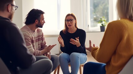 Canvas Print - A young woman speaks passionately in a group setting.