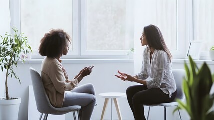 Poster - Two women, one Black and one White, sitting in chairs and talking to each other.