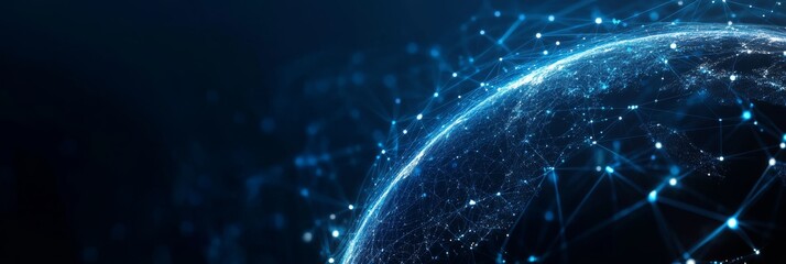 Poster - An abstract digital globe representation displays a vibrant network of glowing nodes on a dark background, symbolizing global connectivity and interaction across various platforms