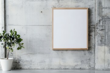 Portrait empty wooden frame mockup in sunlight. Minimalistic composition of sitting room interior with white mock up frame. Scandinavian interior design