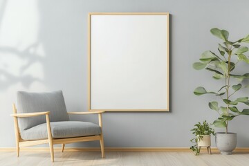 Portrait empty wooden frame mockup in sunlight. Minimalistic composition of sitting room interior with white mock up frame. Scandinavian interior design