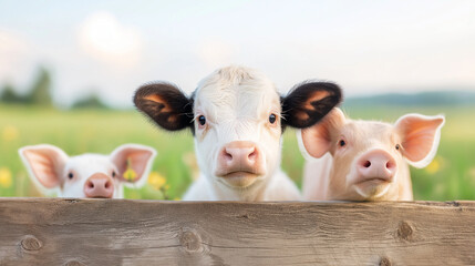 A cute group of baby farm animals looking over a wooden fence. 