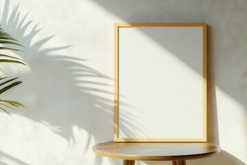 Portrait empty wooden frame mockup in sunlight. Minimalistic composition of sitting room interior with white mock up frame. Scandinavian interior design