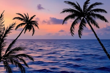 Vivid Palm Fronds Swaying Above Blue Ocean Waters for a Summer Beach Theme