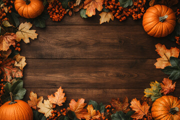 Wall Mural - autumn pumpkins and leaves on a wooden background. ideal for thanksgiving or fall-themed designs.
