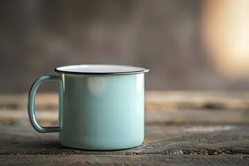 Poster - A single blue coffee cup sits on a wooden table, ideal for a morning pick-me-up or a cozy evening moment