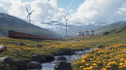 Located near a railway is a factory that produces hydrogen pipelines for sustainable energy. Windmills are in the field.