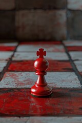 Poster - A single red chess piece sits on a checkered board, ready for play