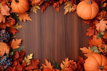 Wall Mural - Autumn pumpkins and leaves on a wooden background. Ideal for Thanksgiving or fall-themed designs.