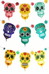 Aufkleber - A colorful garland featuring several sugar skulls suspended from a string