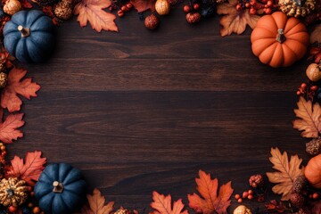 Wall Mural - autumn pumpkins and leaves on a wooden background. ideal for thanksgiving or fall-themed designs.