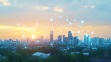 Wall Mural - A polygonal business networking with connecting dots on a blurry city background at sunset. Stock photo