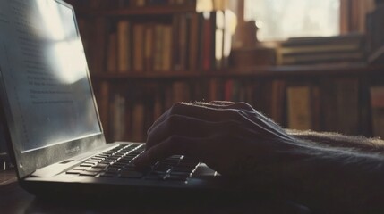 The hands of a young businessman working on his laptop while sitting at a desk in an office. Stock photo