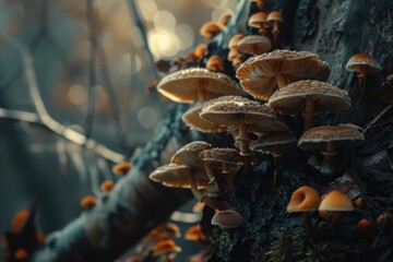 Poster - A cluster of mushrooms growing on the trunk of a tree